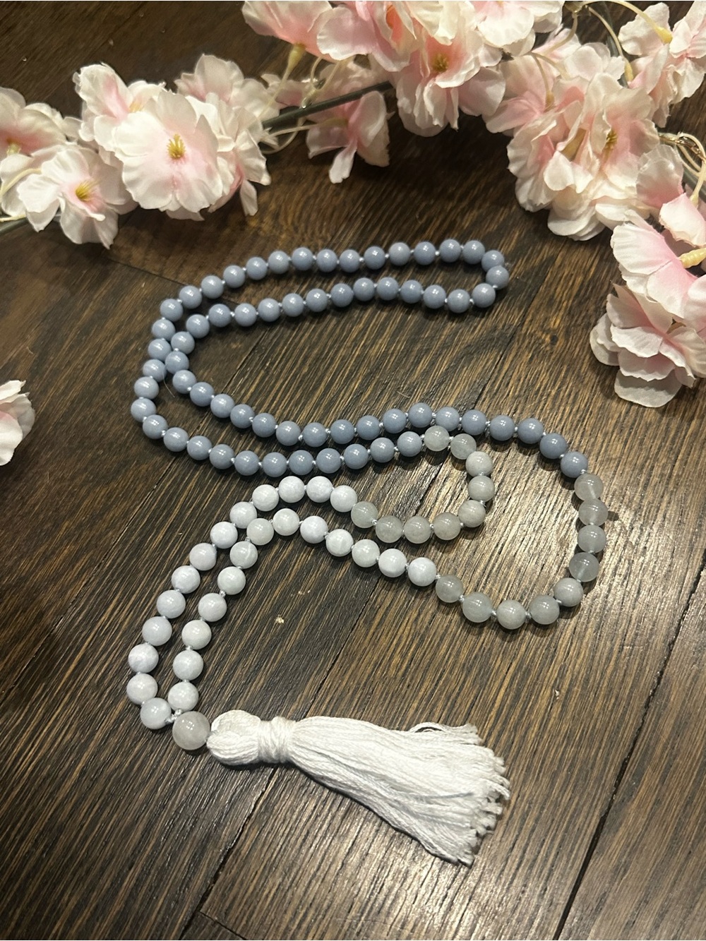 Handmade Angelite and White Jade 108 Bead Mala with Ombré style